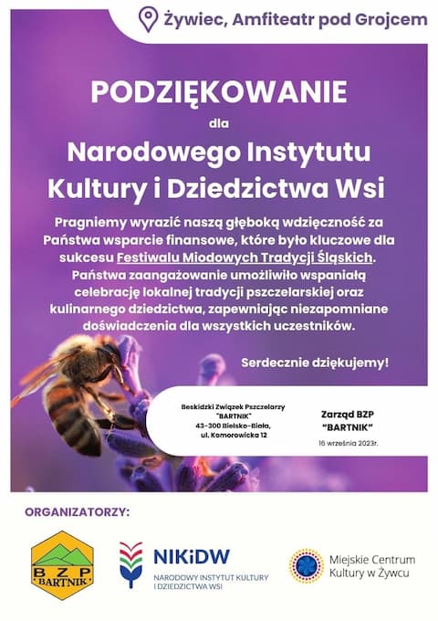 Podziekowanie dla NIKiDW za Festiwal Miodowych Tradycji Śląskich